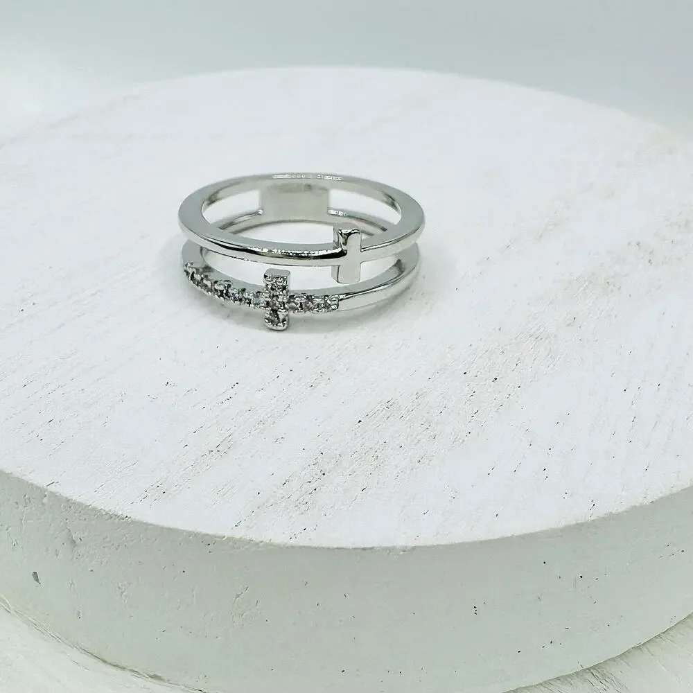 Silver Double Cross Rhinestones Ring Size 6